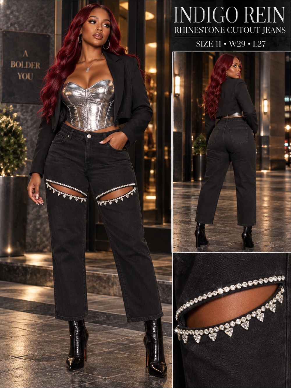 Indigo Rein Black Straight-Leg Rhinestone Cutout Jeans